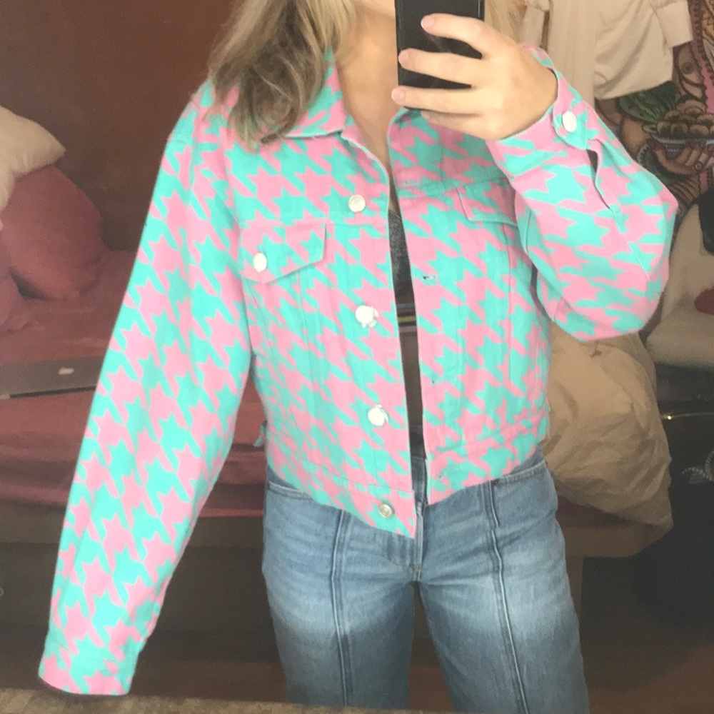 Blue and pink jean jacket